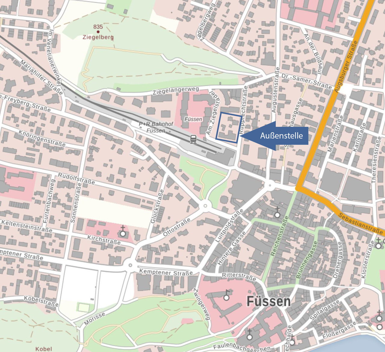  Stadtplan mit Markierung der Außenstelle Füssen, Rupprechtstraße 1